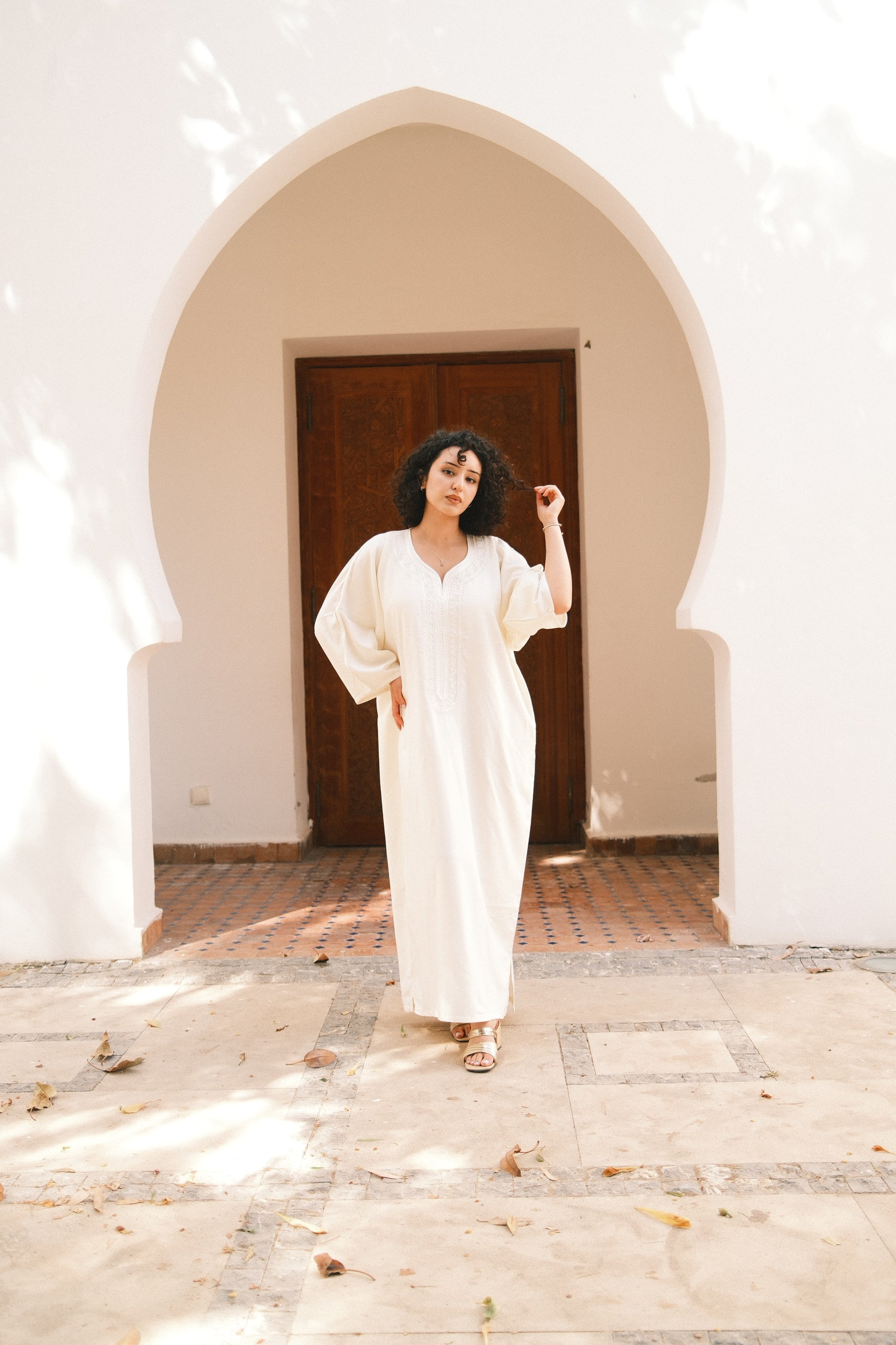 The Ivory Gandora worn full length in Morocco