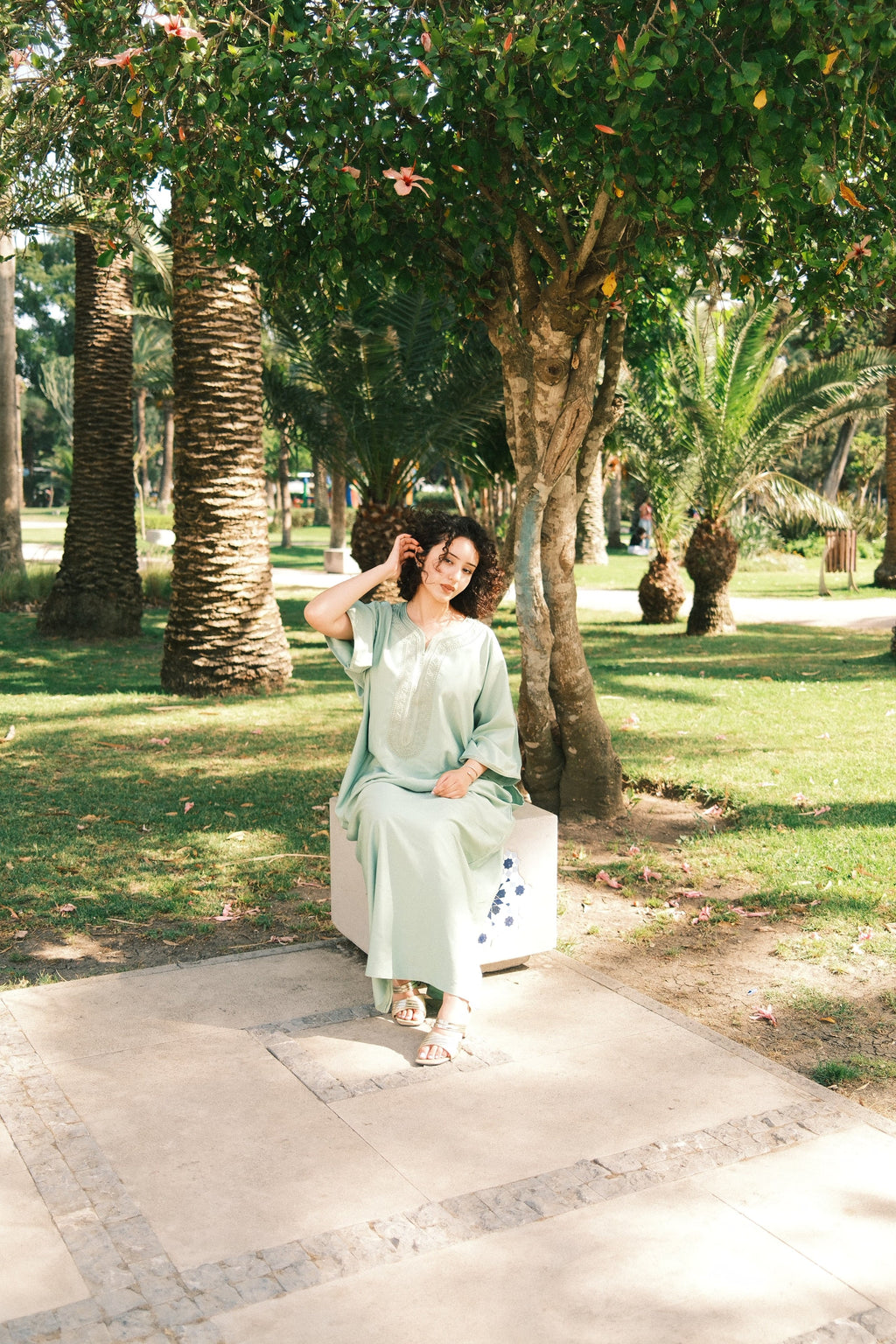 The Celadon Gandora worn full length in Morocco